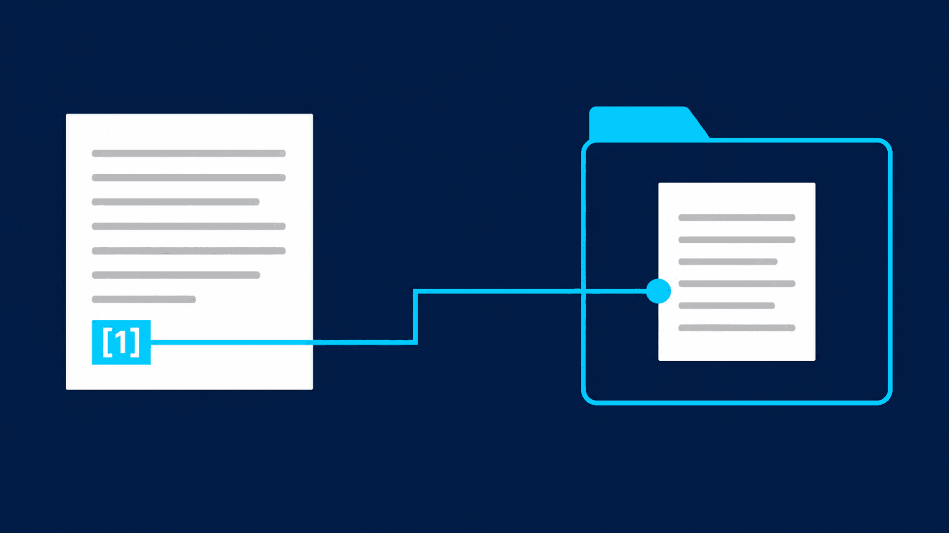 Answer card citation [1] linked by a cyan line to a source file inside a folder