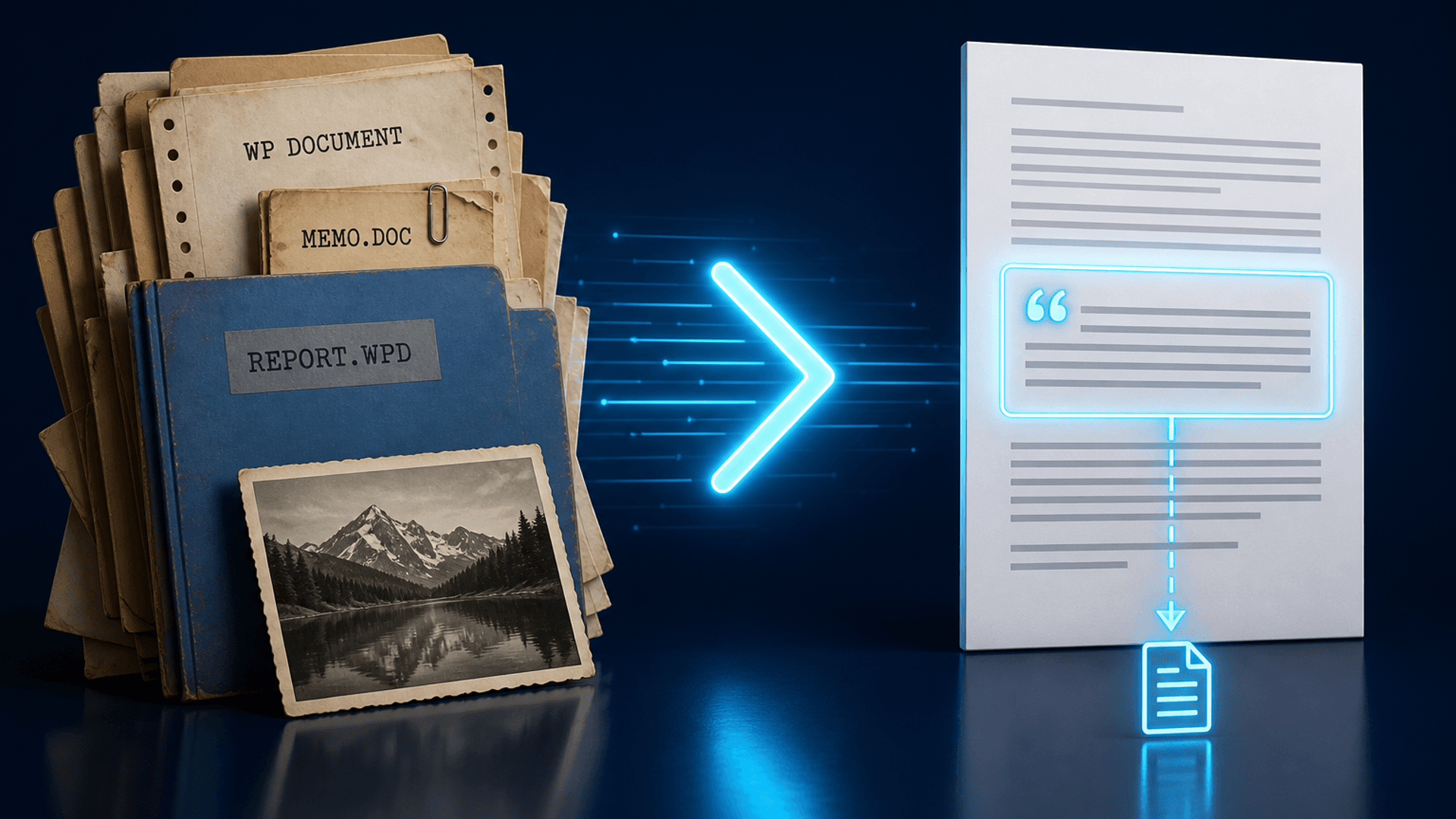 Legacy folders and WordPerfect files converting into a clean cited document via a cyan arrow